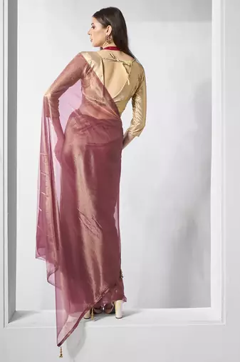 Onion gold tissue net solid texture saree with graceful gold cotted