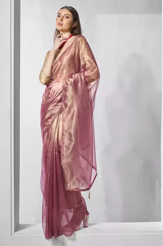 Onion gold tissue net solid texture saree with graceful gold cotted