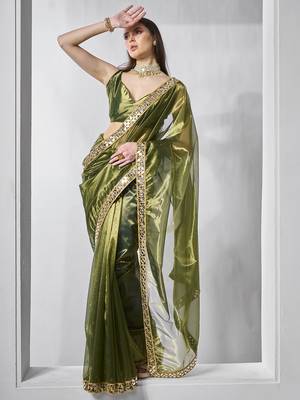 Green gold tissue net solid texture saree with graceful gold cotted 1