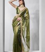 Green gold tissue net solid texture saree with graceful gold cotted