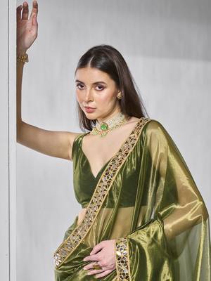 Green gold tissue net solid texture saree with graceful gold cotted 3