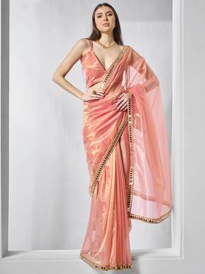 Orange gold tissue net solid texture saree with graceful gold cotted 1