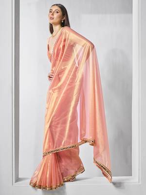Orange gold tissue net solid texture saree with graceful gold cotted 4