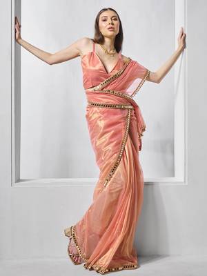 Orange gold tissue net solid texture saree with graceful gold cotted 5
