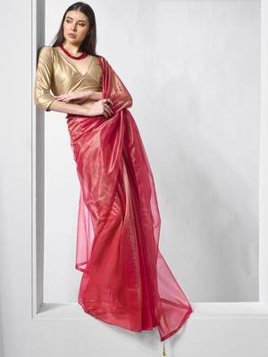 Red gold tissue net solid texture saree with graceful gold cotted 1