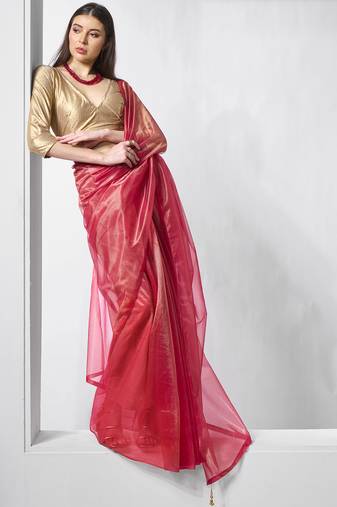 Red gold tissue net solid texture saree with graceful gold cotted