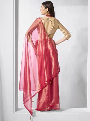 Red gold tissue net solid texture saree with graceful gold cotted 2