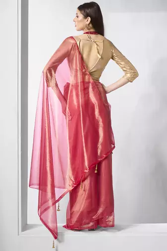 Red gold tissue net solid texture saree with graceful gold cotted
