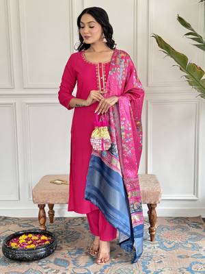 Viscose Fabric work Straight cut Kurta, Pant and Dupatta Set 3