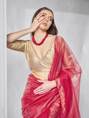 Red gold tissue net solid texture saree with graceful gold cotted 3