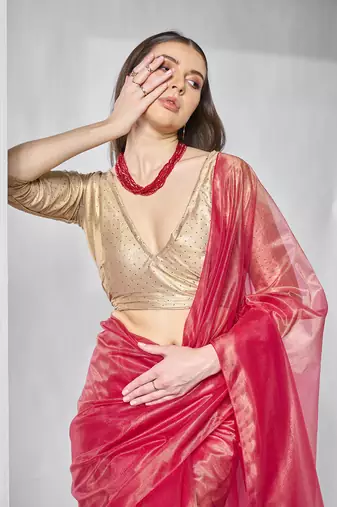 Red gold tissue net solid texture saree with graceful gold cotted