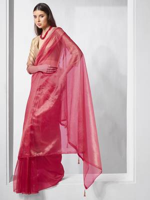 Red gold tissue net solid texture saree with graceful gold cotted 5