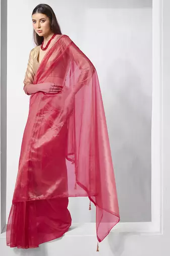 Red gold tissue net solid texture saree with graceful gold cotted