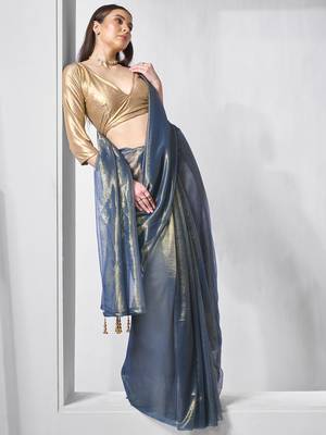 Blue gold tissue net solid texture saree with graceful gold cotted 1
