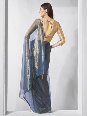 Blue gold tissue net solid texture saree with graceful gold cotted 2