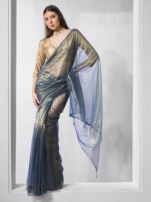 Blue gold tissue net solid texture saree with graceful gold cotted 5