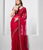 Red shimmer chiffon c designer embroidery work ceremonial partywear saree
