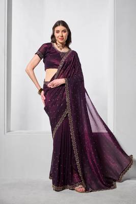 Wine crunchy chiffon c embroidery work ceremonial partywear saree 1