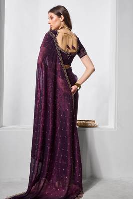 Wine crunchy chiffon c embroidery work ceremonial partywear saree 2
