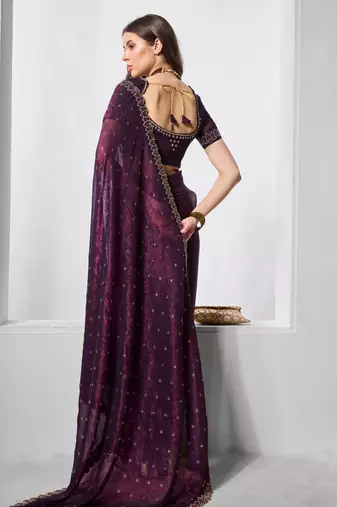 Wine crunchy chiffon c embroidery work ceremonial partywear saree