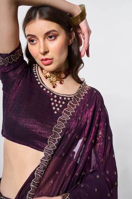 Wine crunchy chiffon c embroidery work ceremonial partywear saree 3