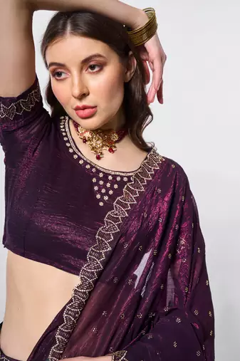 Wine crunchy chiffon c embroidery work ceremonial partywear saree