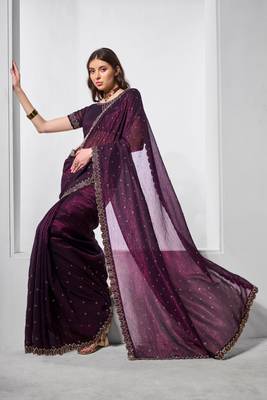 Wine crunchy chiffon c embroidery work ceremonial partywear saree 5