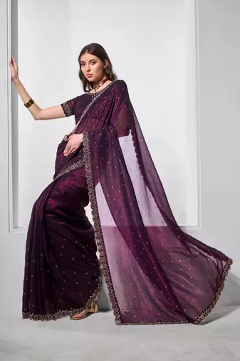 Wine crunchy chiffon c embroidery work ceremonial partywear saree