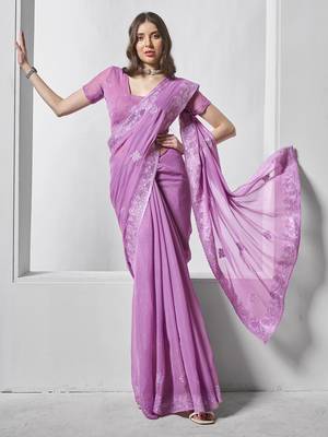 Purple shimmer chiffon c embroidery work ceremonial partywear saree 1