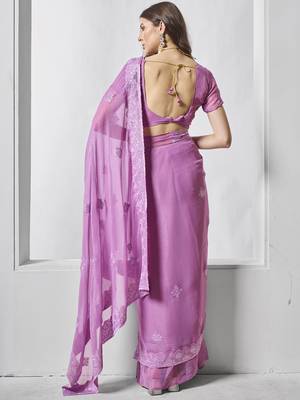 Purple shimmer chiffon c embroidery work ceremonial partywear saree 2