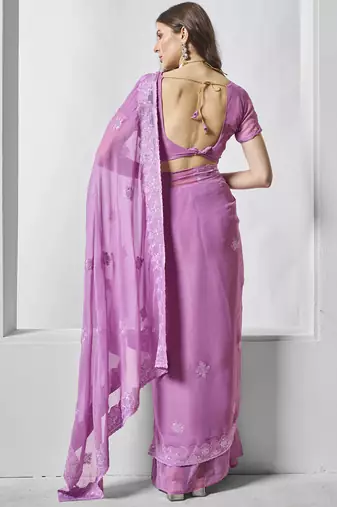 Purple shimmer chiffon c embroidery work ceremonial partywear saree
