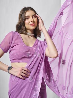 Purple shimmer chiffon c embroidery work ceremonial partywear saree 3
