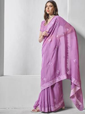Purple shimmer chiffon c embroidery work ceremonial partywear saree 5