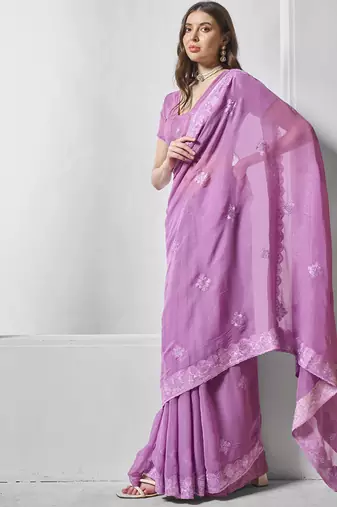 Purple shimmer chiffon c embroidery work ceremonial partywear saree