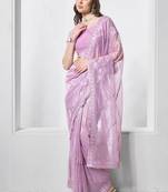 Purple gold tissue net c embroidery work ceremonial partywear saree