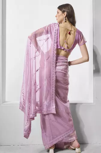 Purple gold tissue net c embroidery work ceremonial partywear saree