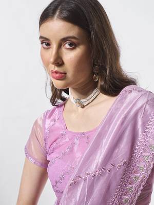 Purple gold tissue net c embroidery work ceremonial partywear saree 3
