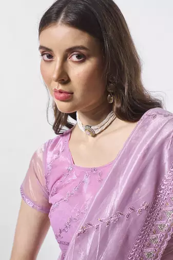 Purple gold tissue net c embroidery work ceremonial partywear saree