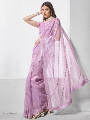 Purple gold tissue net c embroidery work ceremonial partywear saree 5