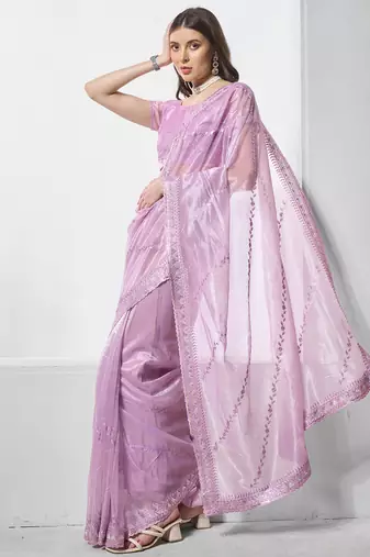 Purple gold tissue net c embroidery work ceremonial partywear saree