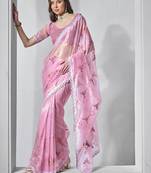 Pink gold tissue net c designer embroidery work ceremonial partywear saree