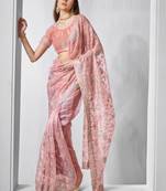 Peach gold tissue net c designer embroidery work ceremonial partywear saree