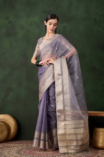 Lavender khadi organza ethnic woven designer saree for festive looks