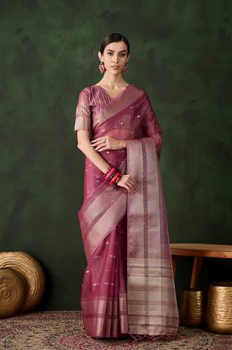 Magenta khadi organza ethnic woven designer saree for festive looks