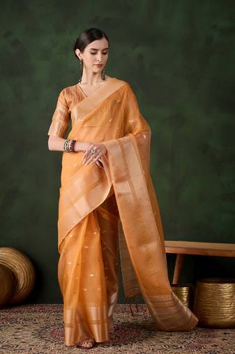 Orange khadi organza ethnic woven designer saree for festive looks