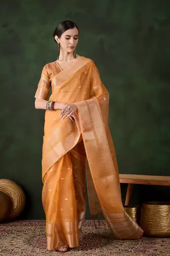 Orange khadi organza ethnic woven designer saree for festive looks