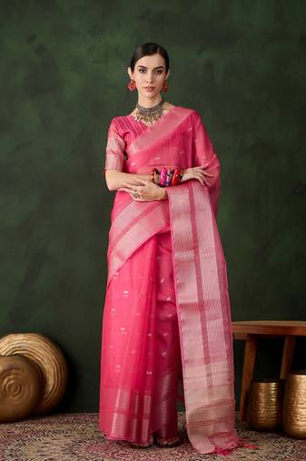 Pink khadi organza ethnic woven designer saree for festive looks