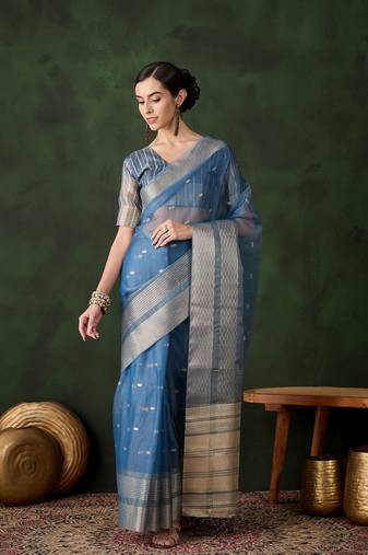 Teal khadi organza ethnic woven designer saree for festive looks