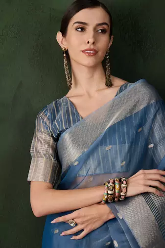 Teal khadi organza ethnic woven saree festive looks