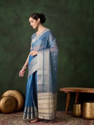 Teal khadi organza ethnic woven saree festive looks 5